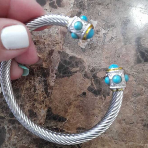 Designer Inspired Turquoise Stone Beads Tips Silver Cable Cuff Twist Bracelet - Picture 6 of 11